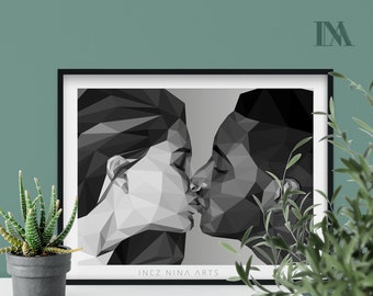 Kissing Couple Portrait, Printable Wall Art, Geometric, Low Poly, Polygon, Poster, Downloadable Digital Print, Graphic Design, Minimal, Gift