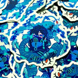 May include: A sticker featuring a blue and black illustration of a person wearing a gas mask and surrounded by fish and sea creatures. The background is white with blue swirls.