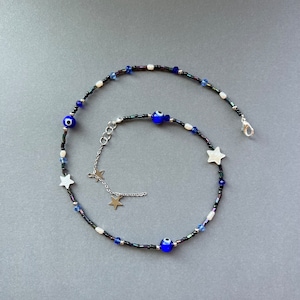 Evil eye necklace, bead necklace with pearl star, star necklace, seed bead necklace for summer, best gift for friends, minimalist necklace