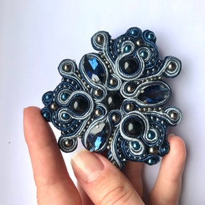 Soutache Jewelry, Bead Embroidery Brooch, Blue Soutache Embroidery Brooch, Beaded Embroidered Brooch, Bohemian Findings