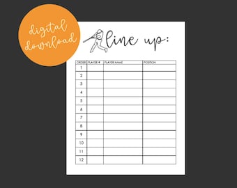 Digital Download Batting Lineup / Printable Batting Order / Instant Download Batting Lineup / Softball Line up / Baseball Line up / Position