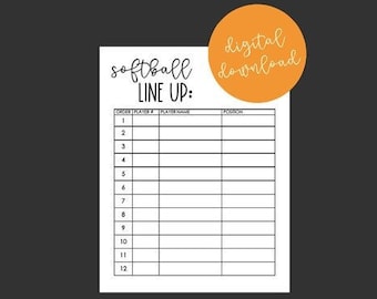 Digital Download Batting Lineup / Printable Batting Order / Instant Download Batting Lineup / Softball Line up / Baseball Line up / Position