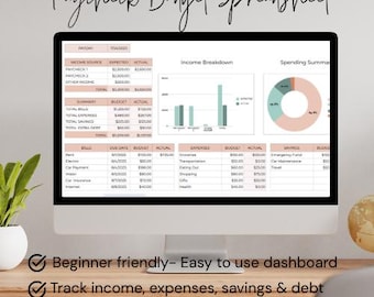 May include: A computer monitor displays a "Paycheck Budget Spreadsheet" with financial data, charts, and graphs. The screen shows income, expenses, and savings details. Text at the bottom reads: "Beginner friendly - Easy to use dashboard", "Track income, expenses, savings & debt", and "Done for you calculations & automations."