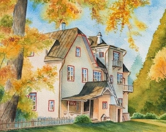 Individuelles, handgemaltes Hausporträt nach Foto, Aquarell-Hausgemälde, personalisiertes Geschenk für Zuhause