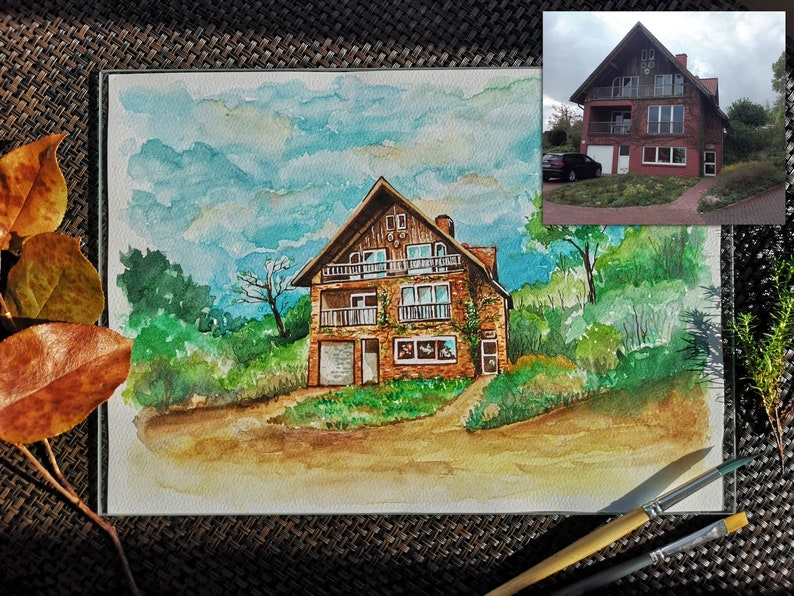 Dein Haus, handgemaltes Aquarell nach Foto, kundenspezifisches Aquarell Haus Porträt Hauptporträt Aquarell Haus Malerei Erstes Hauptgeschenk Bild 5