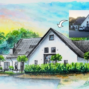 Dein Haus, handgemaltes Aquarell nach Foto, kundenspezifisches Aquarell Haus Porträt Hauptporträt Aquarell Haus Malerei Erstes Hauptgeschenk Bild 1