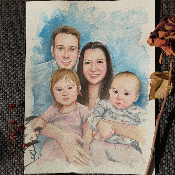 Original custom portrait watercolor hand painted from photo (No print!)