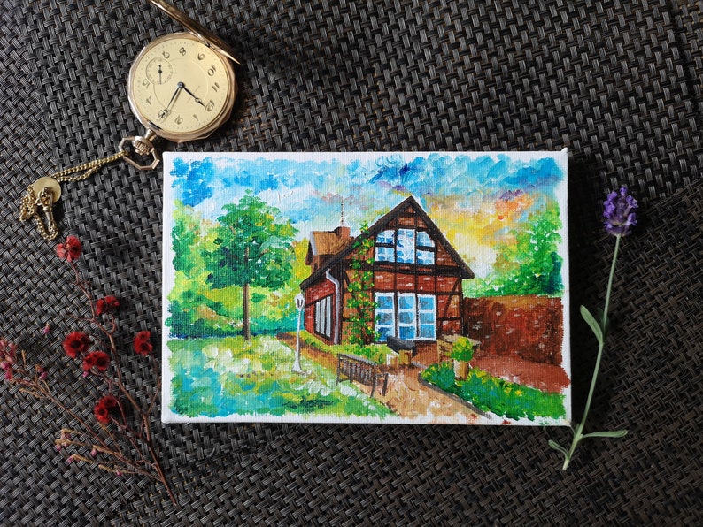 Mini house acrylic hand painted on canvas image 5