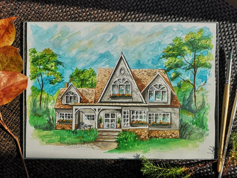 Dein Haus, handgemaltes Aquarell nach Foto, kundenspezifisches Aquarell Haus Porträt Hauptporträt Aquarell Haus Malerei Erstes Hauptgeschenk Bild 2