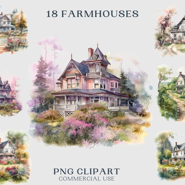 18 Country Garden Farmhouse Watercolor Clipart, Farmhouse clipart, Country Bundle PNG, House watercolor clipart,Farmers house, Download