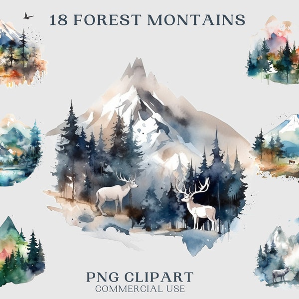 Mountain Forest Watercolor Clipart PNG, Hills Transparent Watercolor Clipart PNG Files, Background Scenery for Digital Products