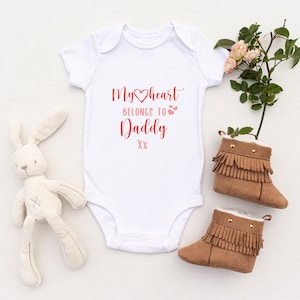 My Heart Belongs To Daddy - Valentine&#39;s Day Baby Vest, Personalised Baby Grow, Custom Baby Onesie, Baby Gift, Baby Shower Gift,
