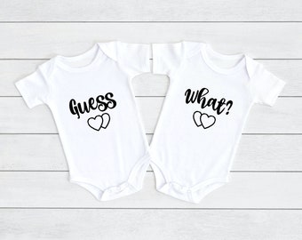 Guess What? Twins Announcement, Pregnancy Announcement  Baby Grow, Baby Vest,  Personalised Baby Grow, Custom Baby Onesie,New Family Member