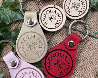 Engraved logo Keyring: Custom Faux Leather and wood logo design, small business, air bnb, hotel, shop