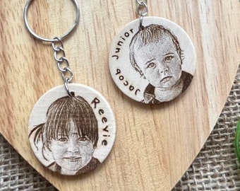 Engraved Photo Wood Slice Keyring: Personalized Keepsake