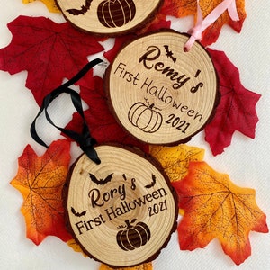 Engraved Wood Slice Ornament: Baby&#39;s First Halloween Keepsake