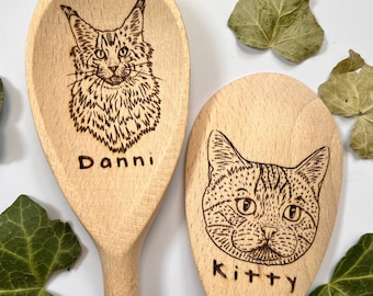 Personalised cat wooden spoon, Line drawing cat gift, Custom engraved wood spoon, Cat present, Novelty spoon gift, Cat lover