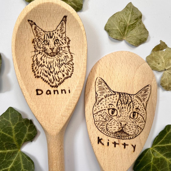 Personalised cat wooden spoon, Line drawing cat gift, Custom engraved wood spoon, Cat present, Novelty spoon gift, Cat lover