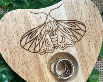 Luna Moth Engraved Wood Ring Holder: Heart Shaped Egg Board