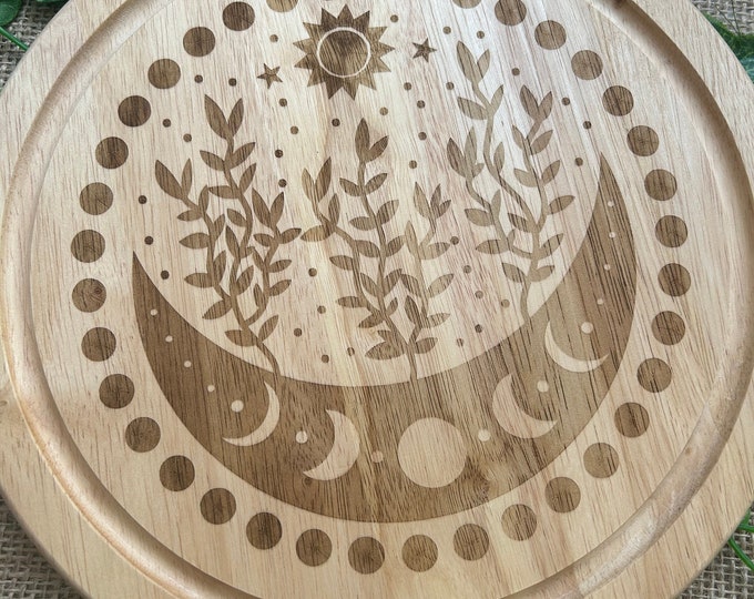 Moon phase chopping board, Engraved chopping board, Customised house warming gift, Gothic home gift, Personalised serving board
