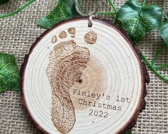 Engraved Footprint Wood Slice Ornament: Baby Keepsake Gift