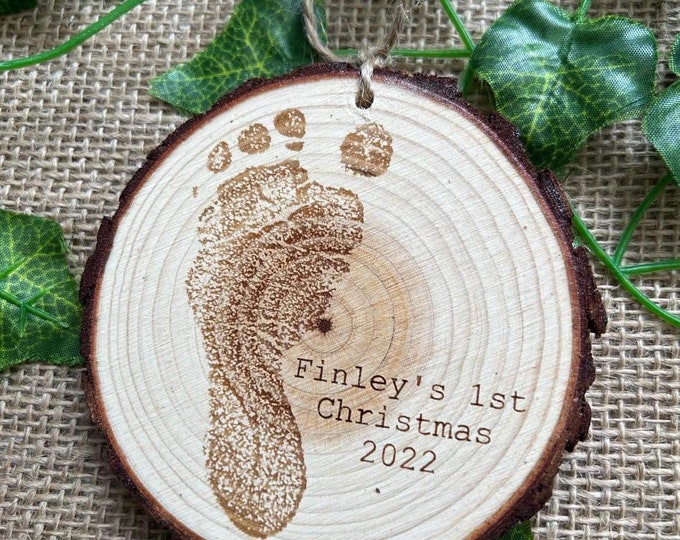 Actual baby’s footprint keepsake, Engraved footprint on Wood slice, foot print ornament, new baby gift, new baby keepsake