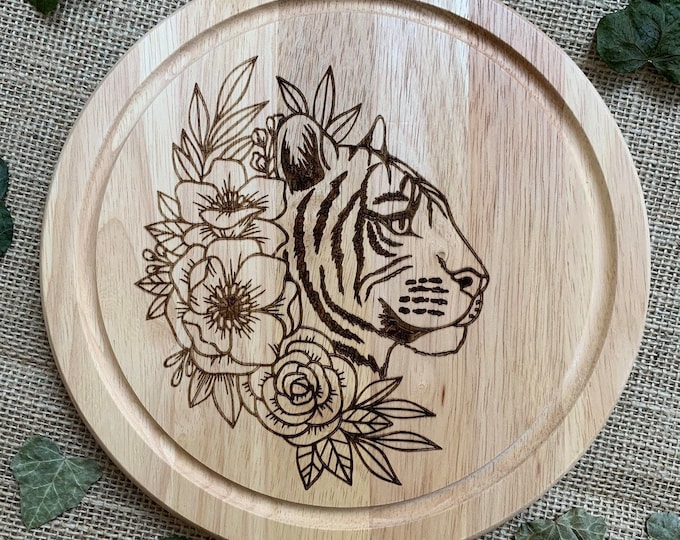 Floral tiger wood chopping board, Laser engraved, Personalised gift for animal lover, Custom message added to board, Valentines gift