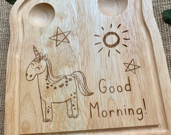 Custom dippy egg board, Unicorn themed breakfast board, Children’s egg and soldiers, personalised kids present,