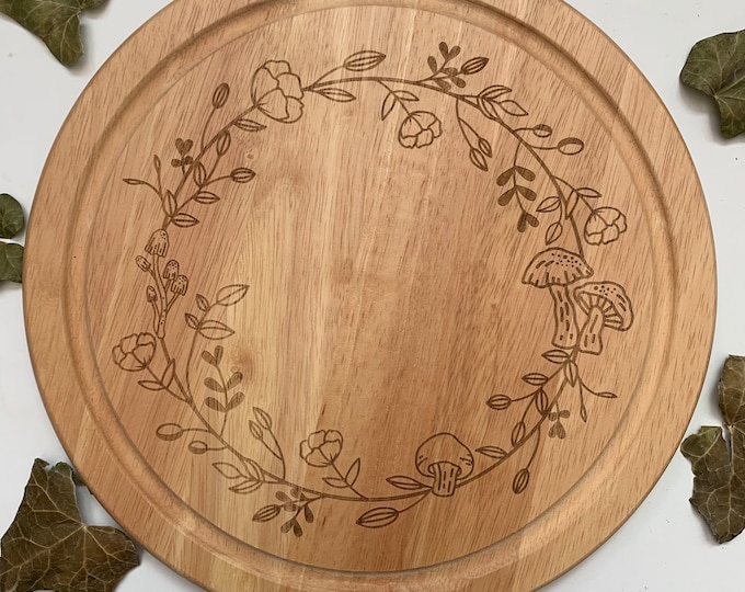 Leaf and mushroom wreath chopping board, Engraved bread board, House warming gift, Personalised house warming present, Cottage core gift