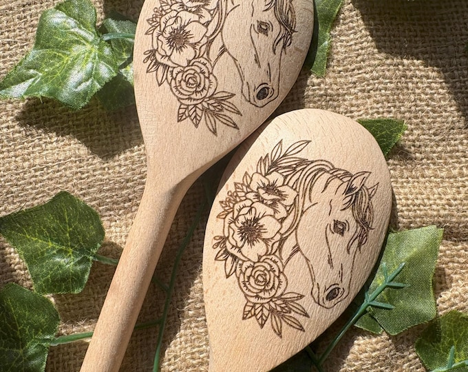 Floral horse spoon, Laser engraved wooden spoon, Personalised gift, Horse lover present, Pony decoration, Valentine’s Gift
