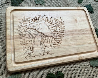 Laser Engraved Mushroom Cutting Board: Personalized Hevea Wood Gift