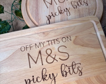 Off my tits on M&S picky bits, Christmas gag gift, Funny viral slogan charcuterie board, mothers day gift