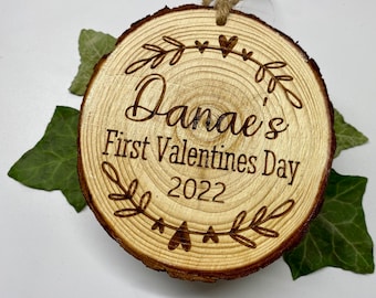 My first Valentines Day keepsake, Baby’s first Valentines, Laser engraved wood slice magnet or ornament, Custom valentines day keepsake