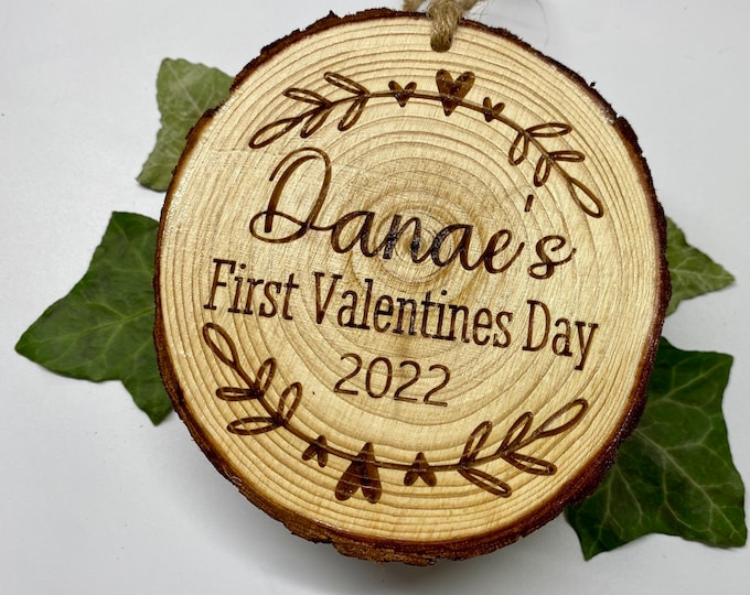 My first Valentines Day keepsake, Baby’s first Valentines, Laser engraved wood slice magnet or ornament, Custom valentines day keepsake