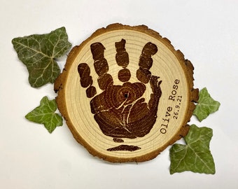 Engraved Baby Handprint Wood Slice Ornament: Personalized Keepsake