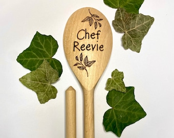 Personalised chef wooden spoon, Children kitchen utensil, Custom toddler wooden spoon, Star baker present, Wood toy kitchen spoon