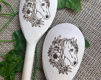 Floral horse spoon, Laser engraved wooden spoon, Personalised gift, Horse lover present, Pony decoration, Valentine’s Gift
