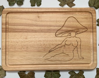 Engraved Mushroom Woman Hevea Wood Chopping Board