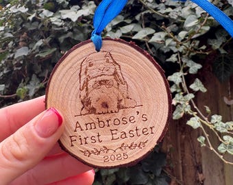 Engraved Wood Slice Ornament: Baby's First Easter Keepsake