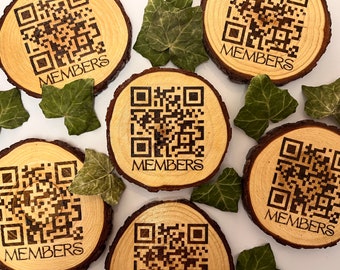 Custom design QR code wood slice,  Laser engraved natural wood slice, Your design and logo, Restaurant and hospitality menu QR CODE