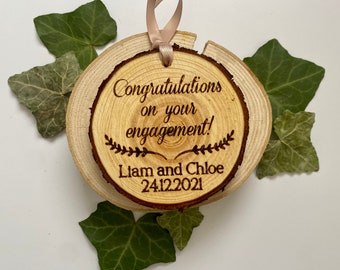 Custom Engraved Wood Slice Engagement Gift: Personalized Ornament or Magnet