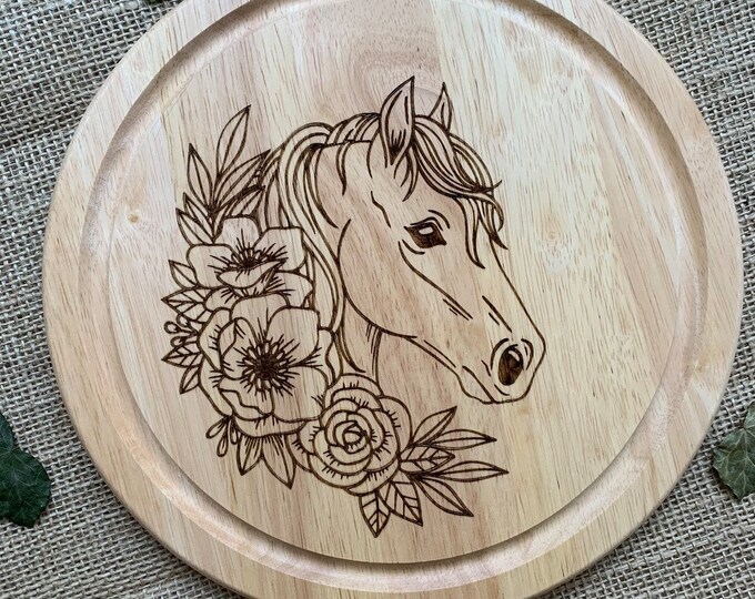 Horse with flower bread board, Engraved chopping board, House warming gift, Engraved wooden centrepiece, Personalised serving board