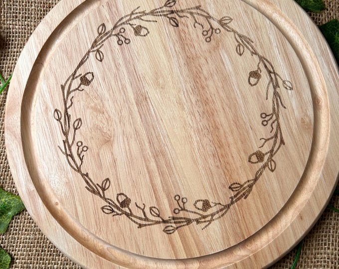 Leaf and acorn wreath chopping board, Engraved bread board, House warming gift, Personalised house warming present, Cottage core gift