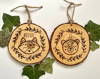 Engraved cute animals baby room ornaments, Personalised first birthday present, Wood slice ornament, Hanging baby name gift