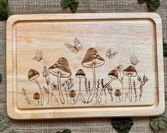 Engraved Mushroom & Butterfly Hevea Wood Chopping Board