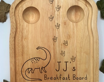 Personalized Dinosaur Breakfast Board: Engraved Hevea Wood Egg Holder