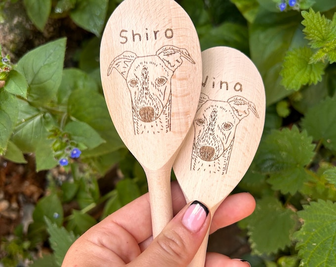 Personalised dog wooden spoon, Line drawing dog gift, Custom engraved wood spoon, Dog present for dad , Father’s Day gift from the dog