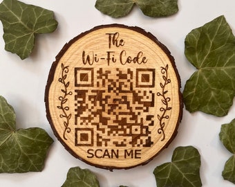 Custom QR code for wifi, Engraved qr code Wood slice, Personalised qr code, qr code for WiFi connection, magnet or ornament