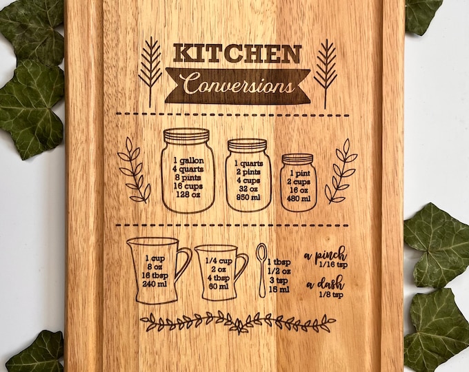 Kitchen conversion wooden chopping board, Laser engraved, Custom house warming gift for baker, Baking measurements, Valentine’s Gift