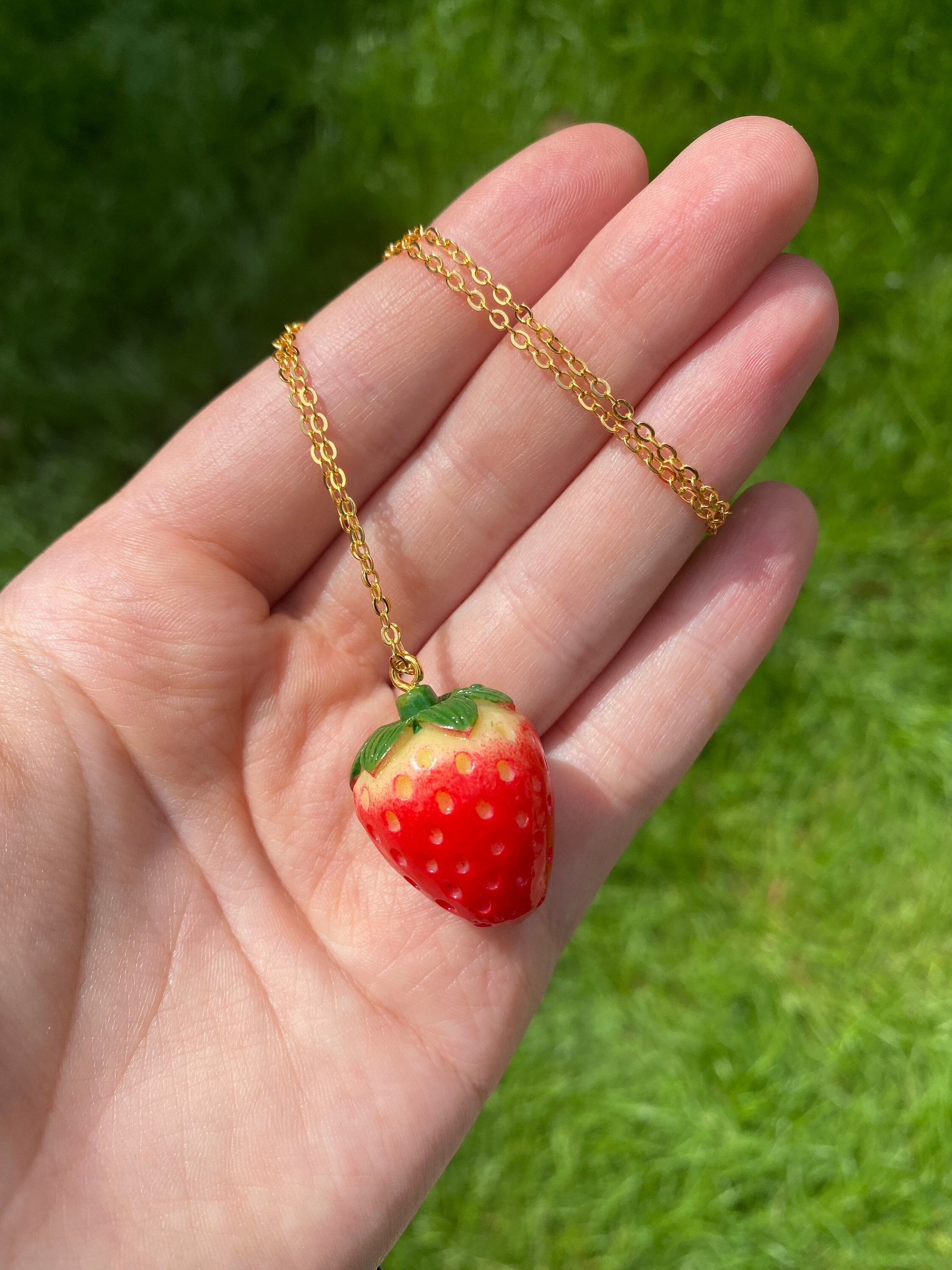 Strawberry necklace Strawberry pendant Gold chain strawberry Etsy
